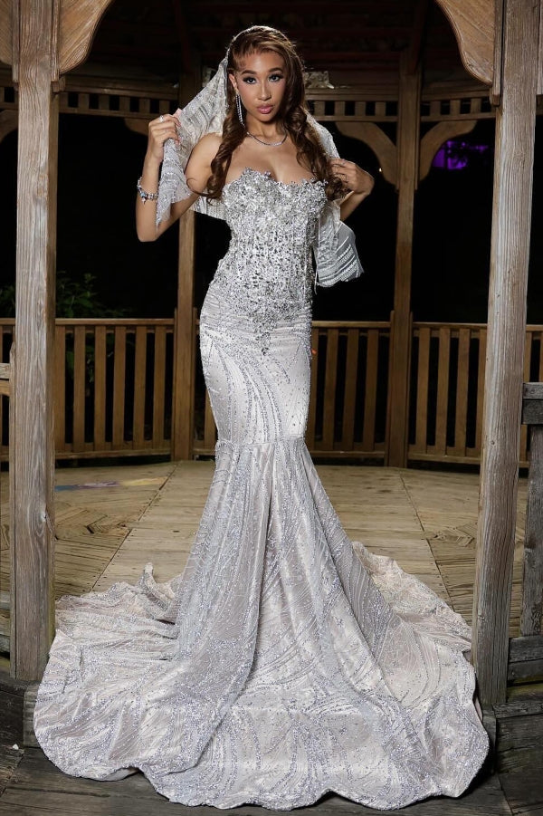 Glamorous Silver Strapless Mermaid Crystal Prom Dress