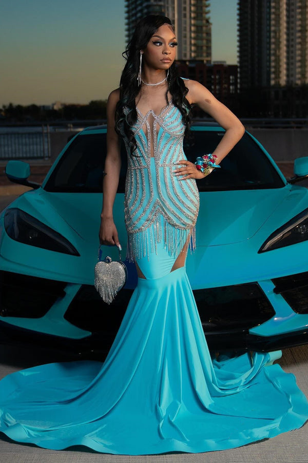 Trendy Blue Mermaid Sleeveless Crystal Sexy Prom Dress