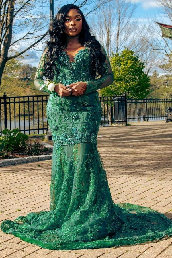 Plus Size Dark Green Lace Appliques Mermaid V-Neck Prom Dress