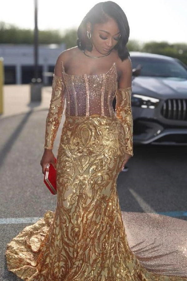 Sexy Gold Strapless Sequins Mermaid Beads Prom Dress