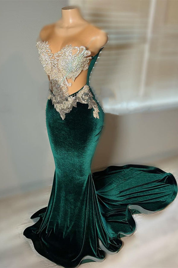 Green Velvet Mermaid Beadings Sheer Tulle Sexy Prom Dress