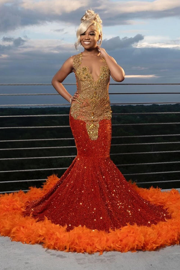 Sexy Orange Sequins Crystal Mermaid Prom Dress with Fur