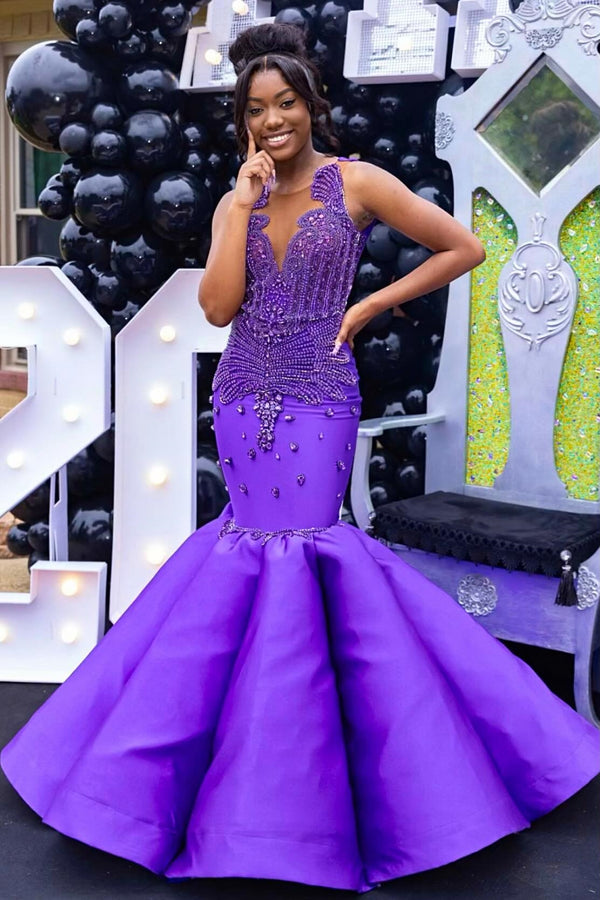 Glamorous Mermaid Purple Sleeveless Crystal Sexy Prom Dress