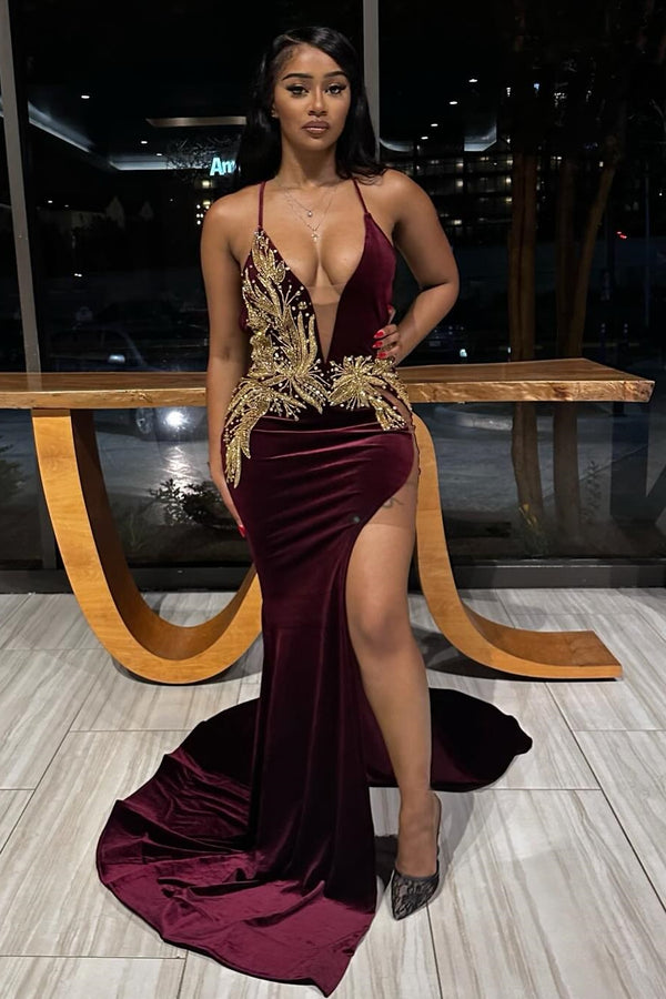 Sexy Burgundy V-Neck Open Back Appliques Velvet Prom Dress