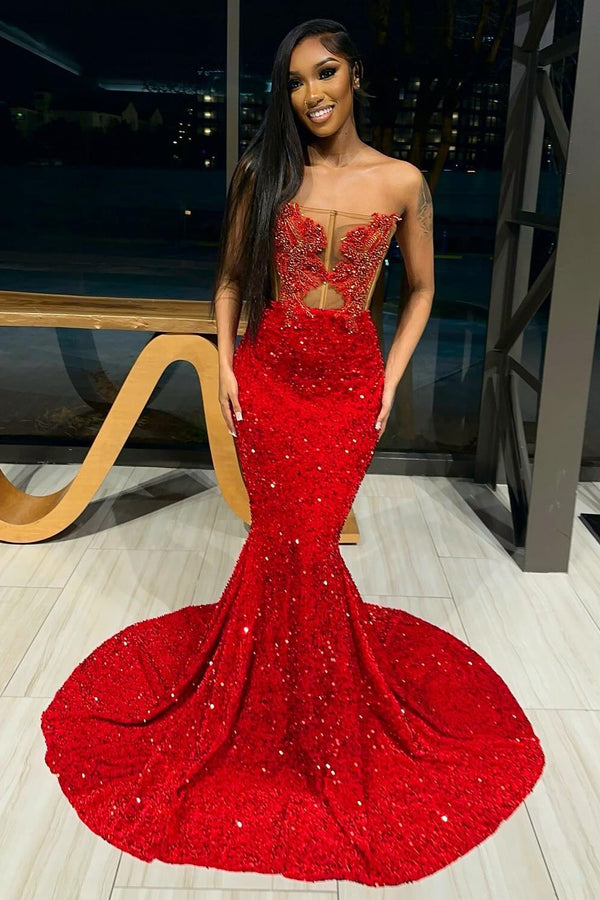 Glamorous Red Mermaid Strapless Sequins Appliques Prom Dress