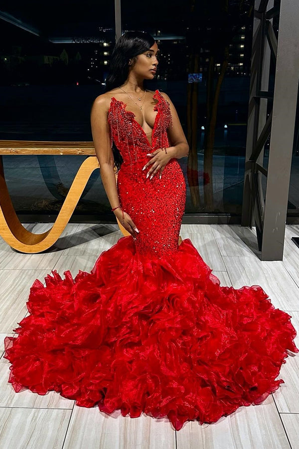 Deep V-Neck Red Lace Up Mermaid Ruffles Sexy Prom Dress