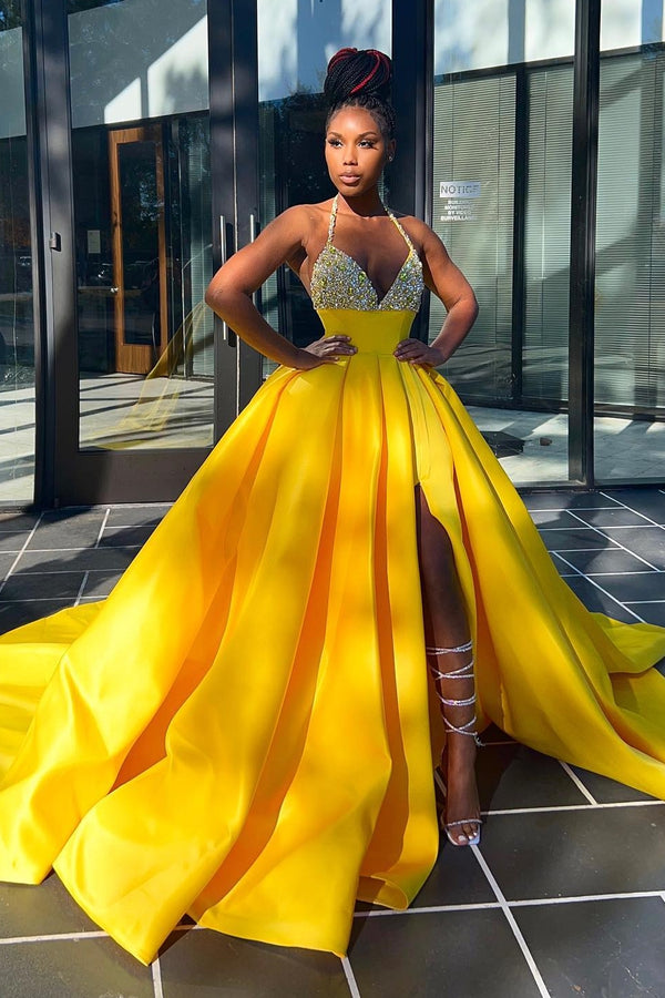 Hot Yellow Halter Open Back Beads Side Slit Prom Dress