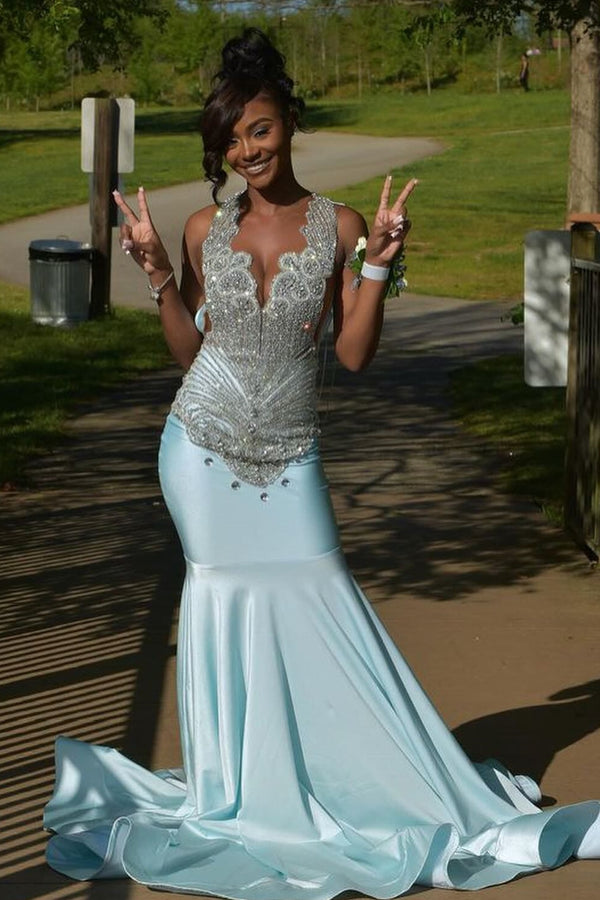 Glamorous Sky Blue Crystal Mermaid Sleeveless V-Neck Prom Dress