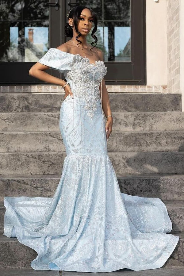 Glamorous Sky Blue One Shoulder Mermaid Lace Up Prom Dress