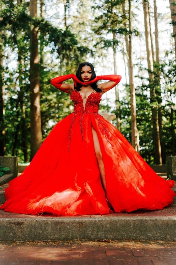 Hot Red Sweetheart Tulle Appliques Ball Prom Dress