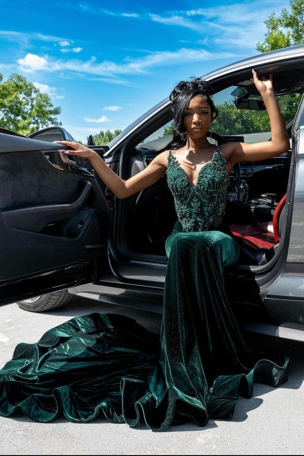 Dark Green Velvet Sweetheart Crystal Mermaid Prom Dresses