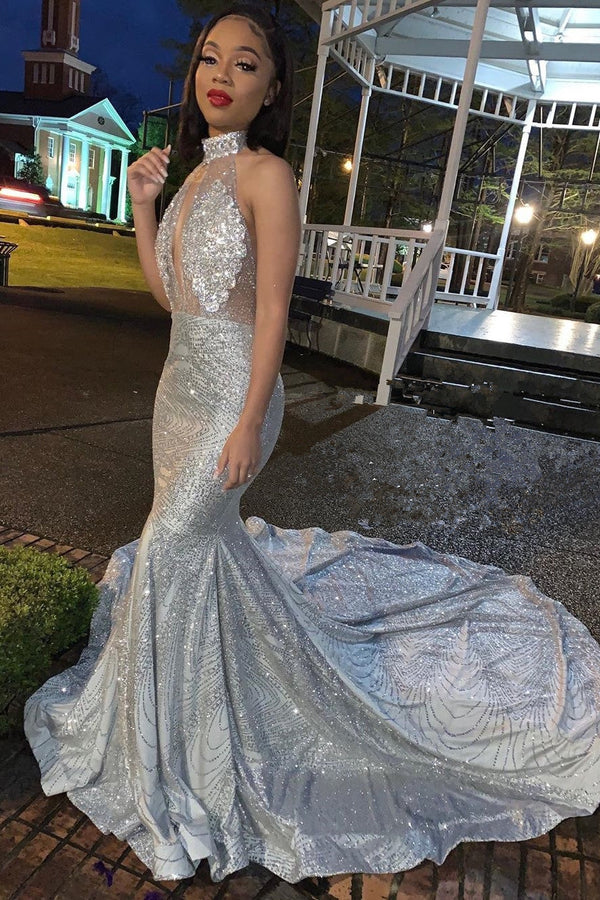 Fashion Silver Sequins High Neck Open Back Prom Dresses