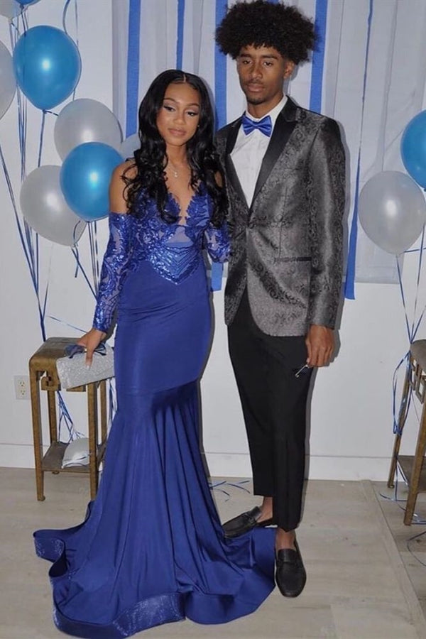 Chic Royal Blue V-Neck Mermaid Prom Dresses with Gloves