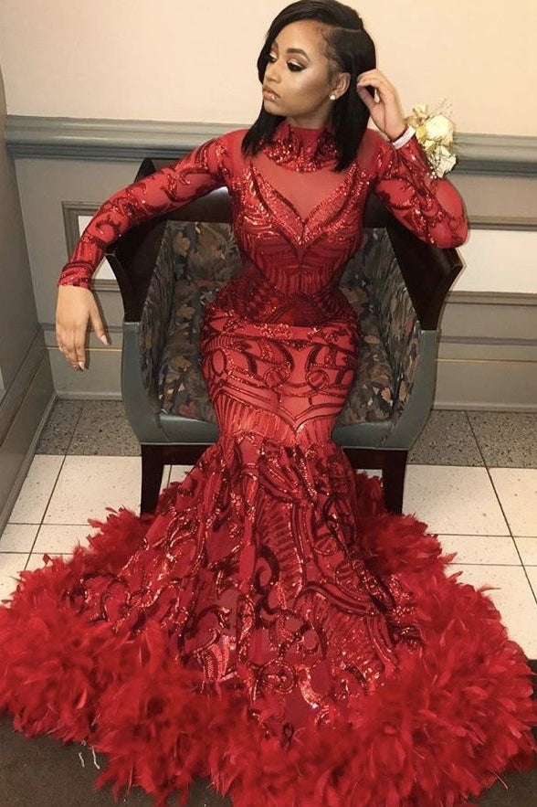 Sexy Red Long Sleeves Sequins High Neck Prom Dress with Fur