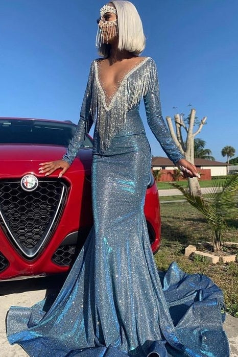 Charming Sexy Long Sleeves Sequins Prom Dresses with Beadings