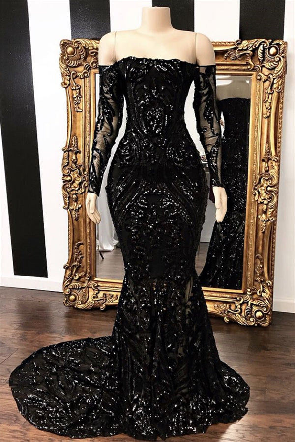 Black Strapless Long Sleeves Beaded Paillette Embroidery Prom Dress