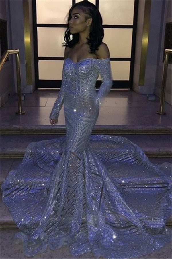 Sexy Off Shoulder Sequins Long Sleeves Blue Mermaid Prom Dresses