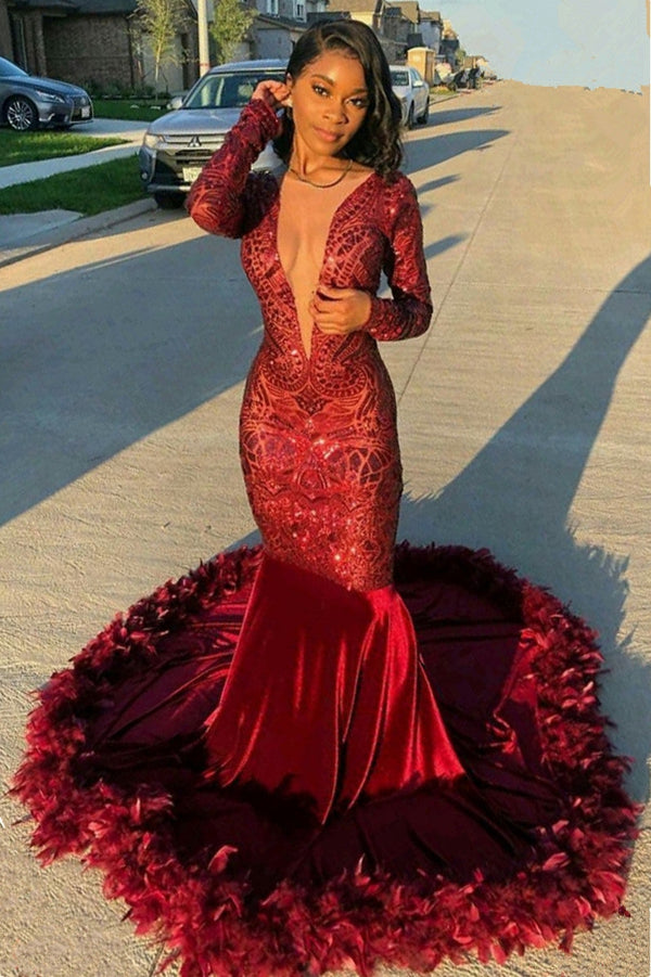 Modern Deep V-Neck Long Sleeves Mermaid Prom Dresses with Feather