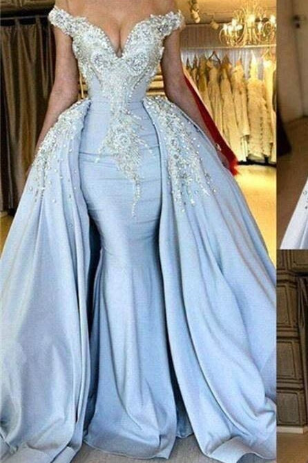 Sky Blue Off Shoulder Appliques Beads Prom Dress with Overskirt