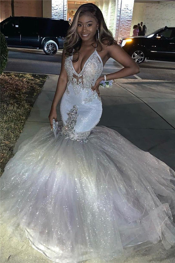 Sexy Silver Spaghetti Straps Mermaid Appliques Beads Prom Dress