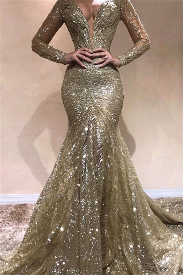 Gold Long Sleeves V-Neck Mermaid Ruffles Beads Prom Dress