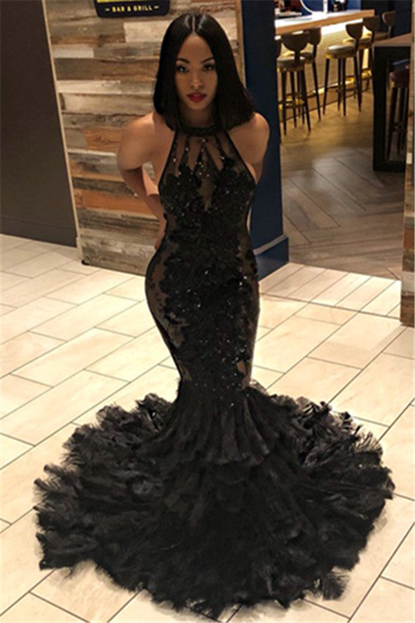 Sexy Black Halter Backless Tulle Prom Dress with Beadings