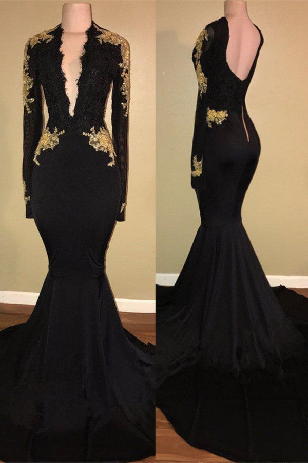 Black Long Sleeves V-Neck Appliques Open Black Elegant Prom Dress