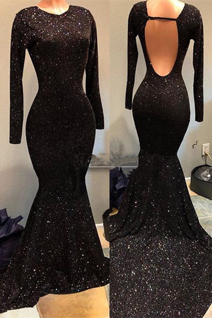 Black Long Sleeves Jewel Sequins Open Back Sexy Prom Dress