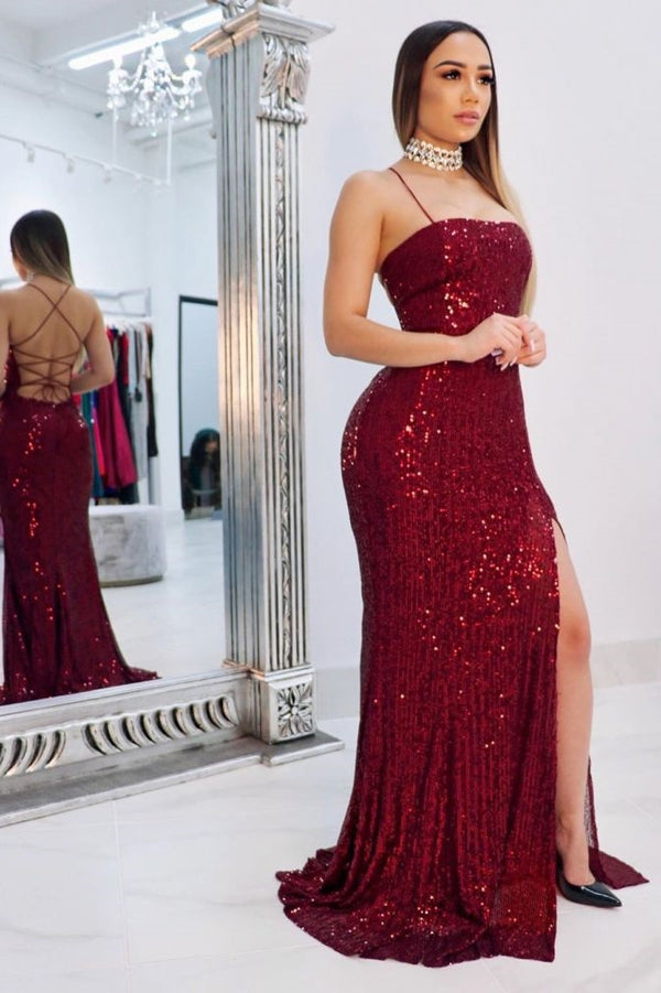 Modern Red Spaghetti Straps Open Back Side Slit Sequins Prom Dress