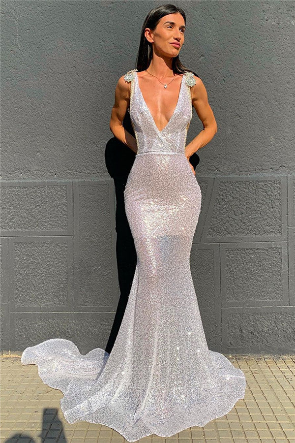 White Deep V-Neck Appliques Sequins Mermaid Backless Prom Dress