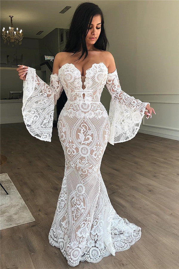 Sexy Off Shoulder Sweetheart Long Sleeves Lace Mermaid Prom Dress