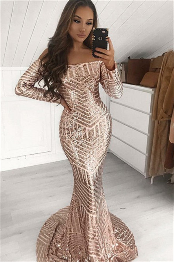 Fashion Champagne Sequins Long Sleeves Off Shoulder Prom Dress