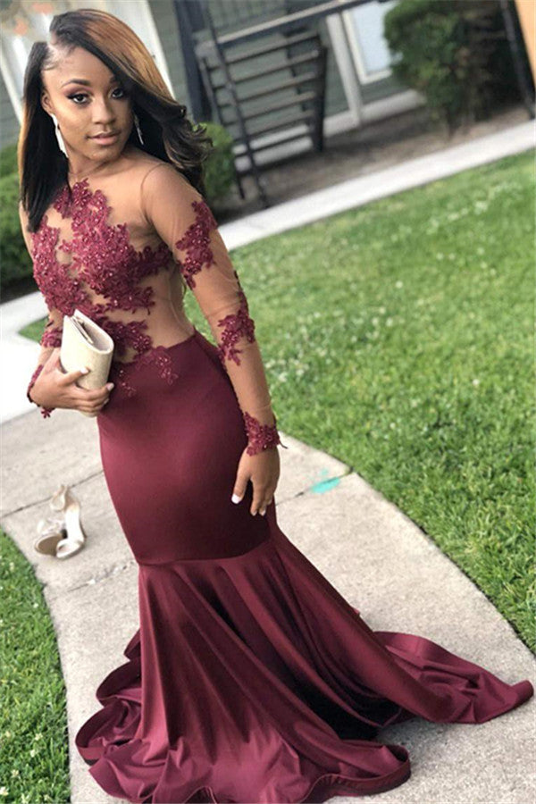 Newest Burgundy Long Sleeves Appliques Open Back Prom Dress