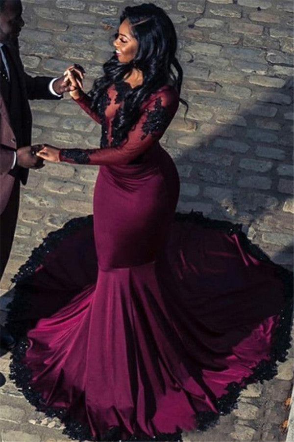 Burgundy Long Sleeves Mermaid Appliques Backless Prom Dress