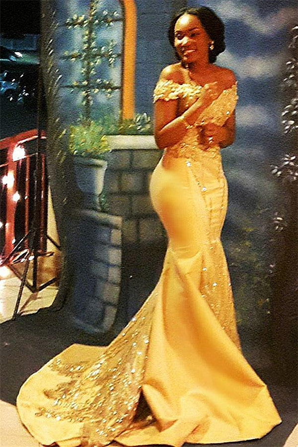 Bling Yellow Off Shoulder Mermaid Appliques Prom Dress with Beadings