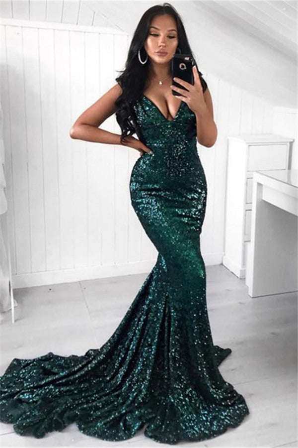 Sexy Dark Green Sequins V-Neck Sleeveless Mermaid Prom Dress