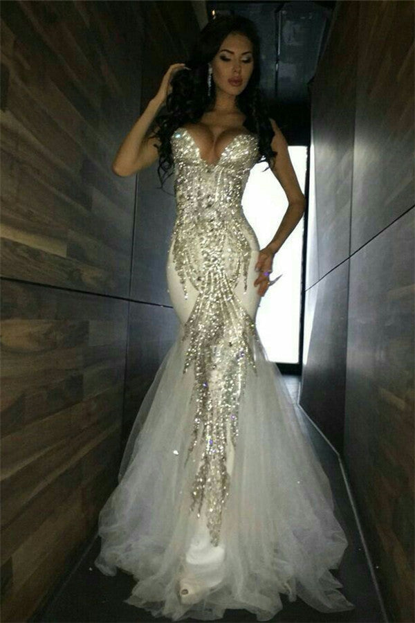 Sexy Sweetheart Mermaid Crystal Tulle Floor Length Prom Dress