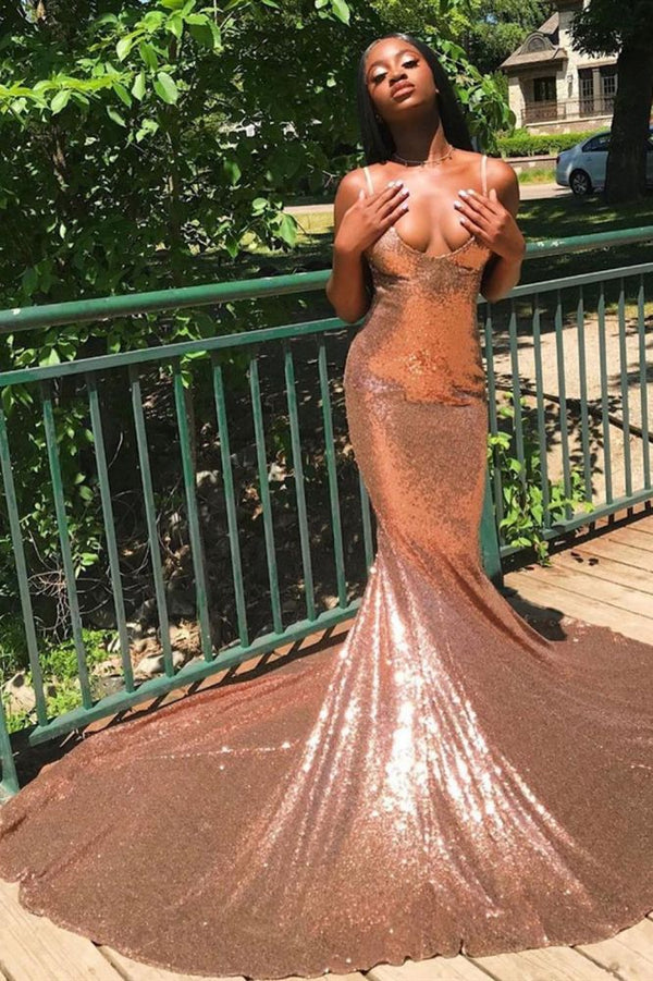 Sexy Sequins Spaghetti Straps Mermaid Simple Prom Dress