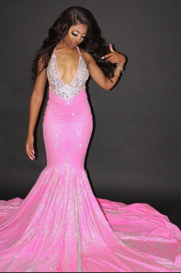 Candy Pink Sequins Halter Open Back Mermaid Prom Dress