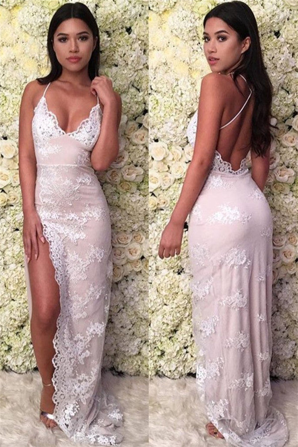 Newest Pink Lace Spaghetti Straps  Sheath Side Slit Prom Dress