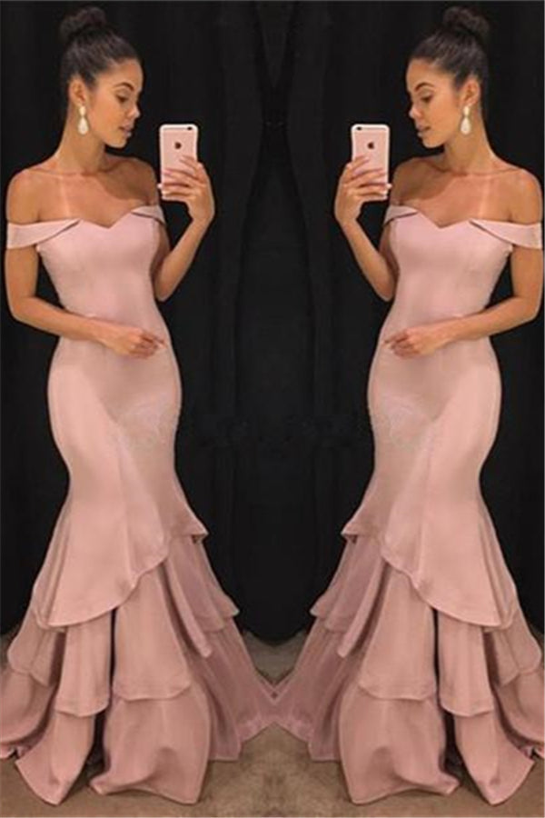 Blushing Pink Mermaid Tiered Off Shoulder Prom Dress