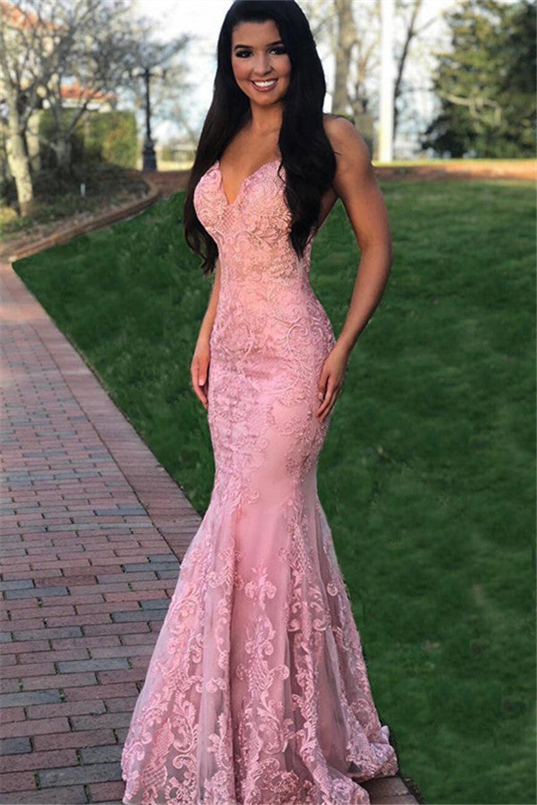 Fashion Pink Spaghetti Straps Lace Floor Length Prom Dress