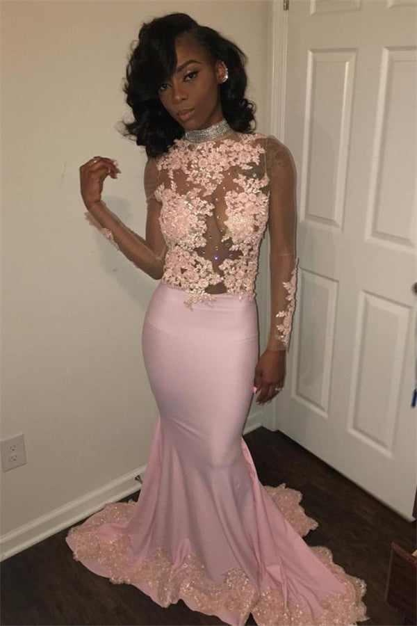 Glamorous Pink High Neck Long Sleeves Appliques Prom Dress