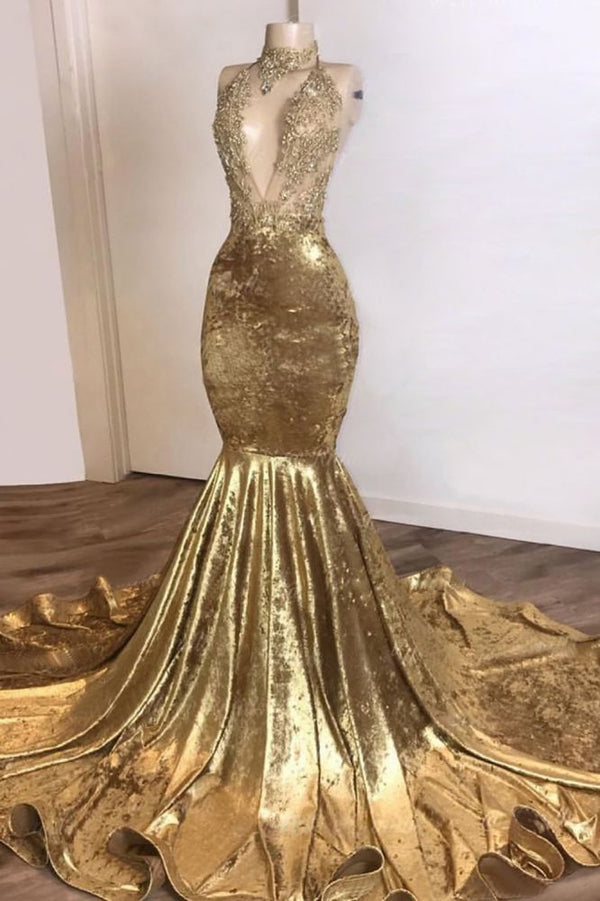 Sexy Gold Velvet Deep V-Neck Mermaid Appliques Prom Dress with Chocker