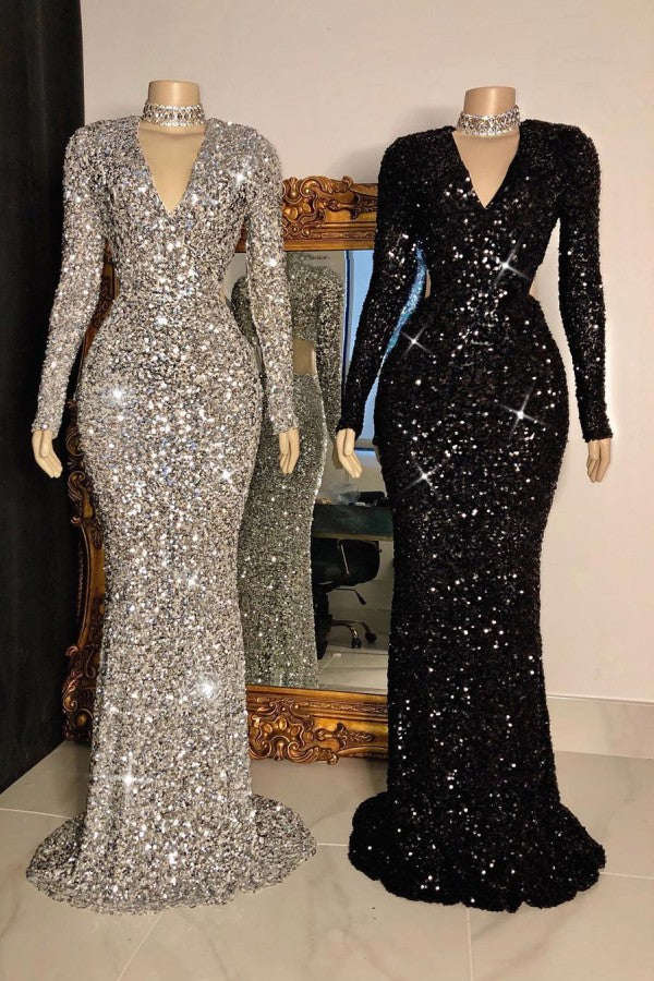 Sparkly Sequins Long Sleeves V-Neck Fashion Prom Dress