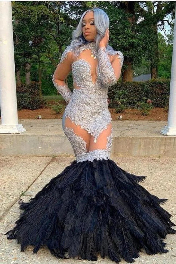 Gorgeous High Neck Mermaid Appliques Long Sleeves Prom Dress with Fur