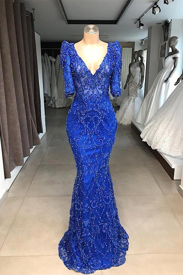 Luxury Royal Blue Half-Sleeves V-Neck Sheath Beadings Prom Dress