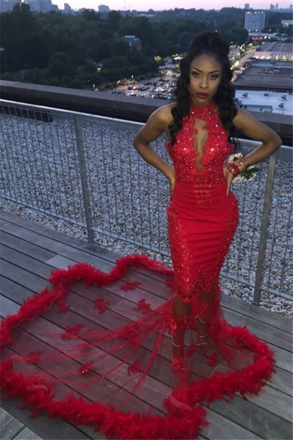 Sexy Red High Neck Appliques Sleeveless Prom Dress with Fur