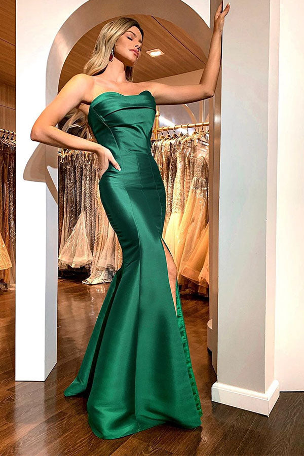 Dark Green Soft Satin Sweetheart Front Split Ruffles Prom Dress