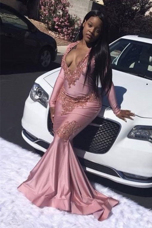 Sexy Pink V-Neck Mermaid Appliques Long Sleeves Prom Dress